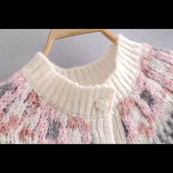 Cardigan sweater heart pink white rose button knit boho women thick - Picture 4 of 7